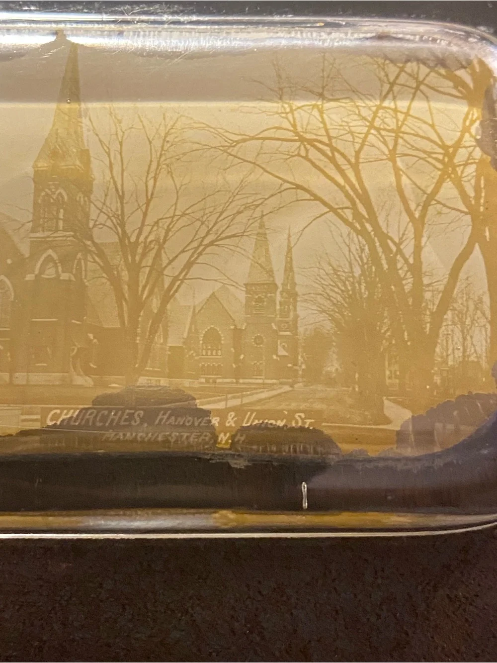 Antique Pyrophoto Co. Clear Sepia Glass Paperweight Churches Manchester NH